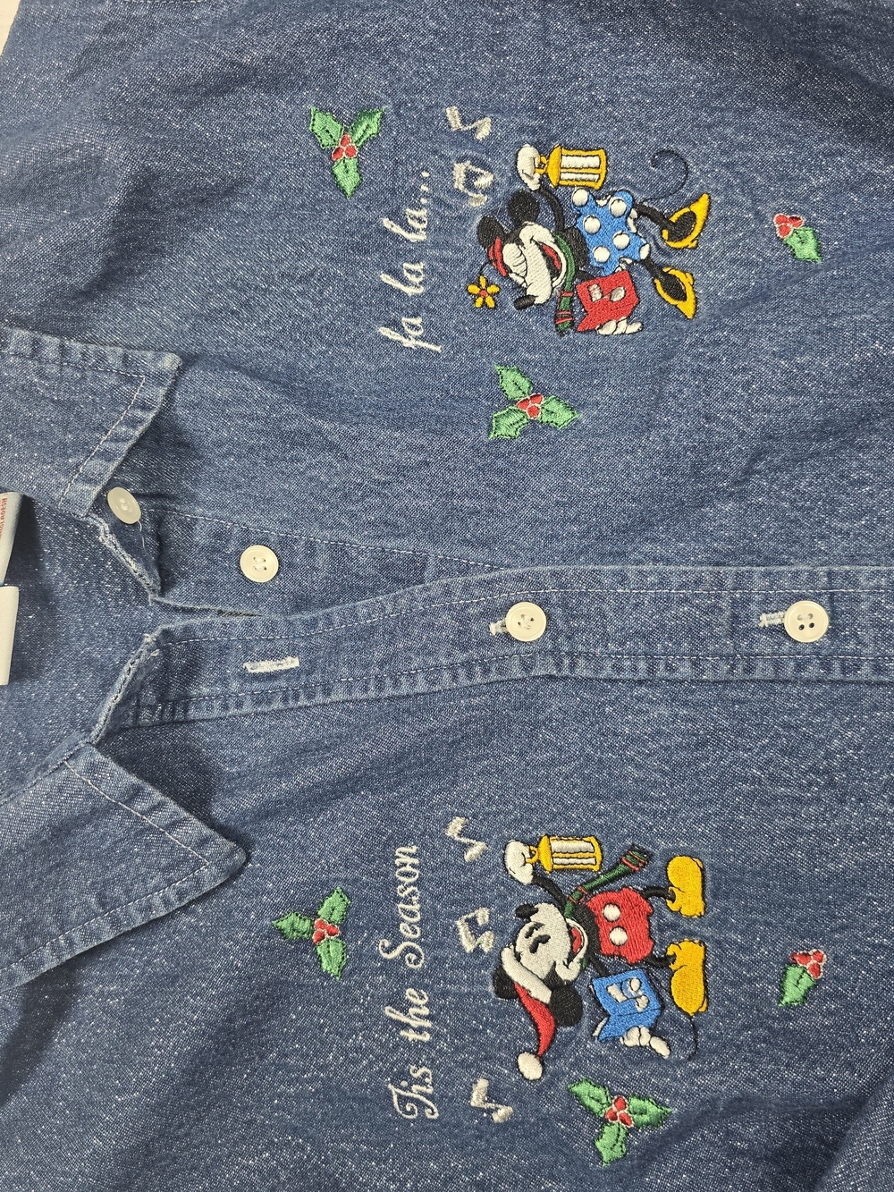 Disney Blue Denim Button-Down Shirt with Christmas Mickey Embroidery